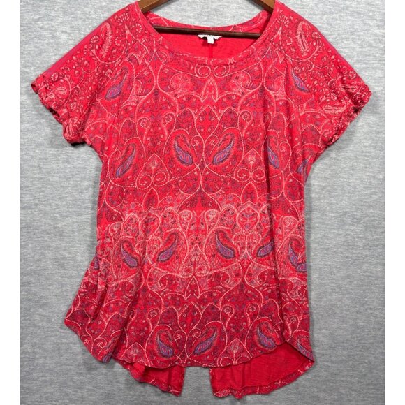 Lucky‎ Brand 1X Shirt Red Paisley Womens Top Tunic Split Back Hem - Picture 1 of 5